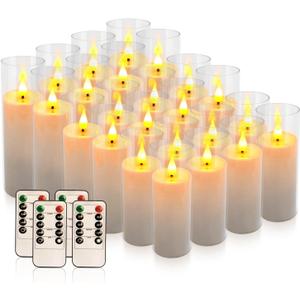 Set of 24 Flickering Flameless Candles Battery Operated with Remote and 2/4/6/8 H Timer Plexiglass Led Pillar Candles with Realistic Moving Wick Candles for Home Decor (D2.2"xH 5"6"7")(White)