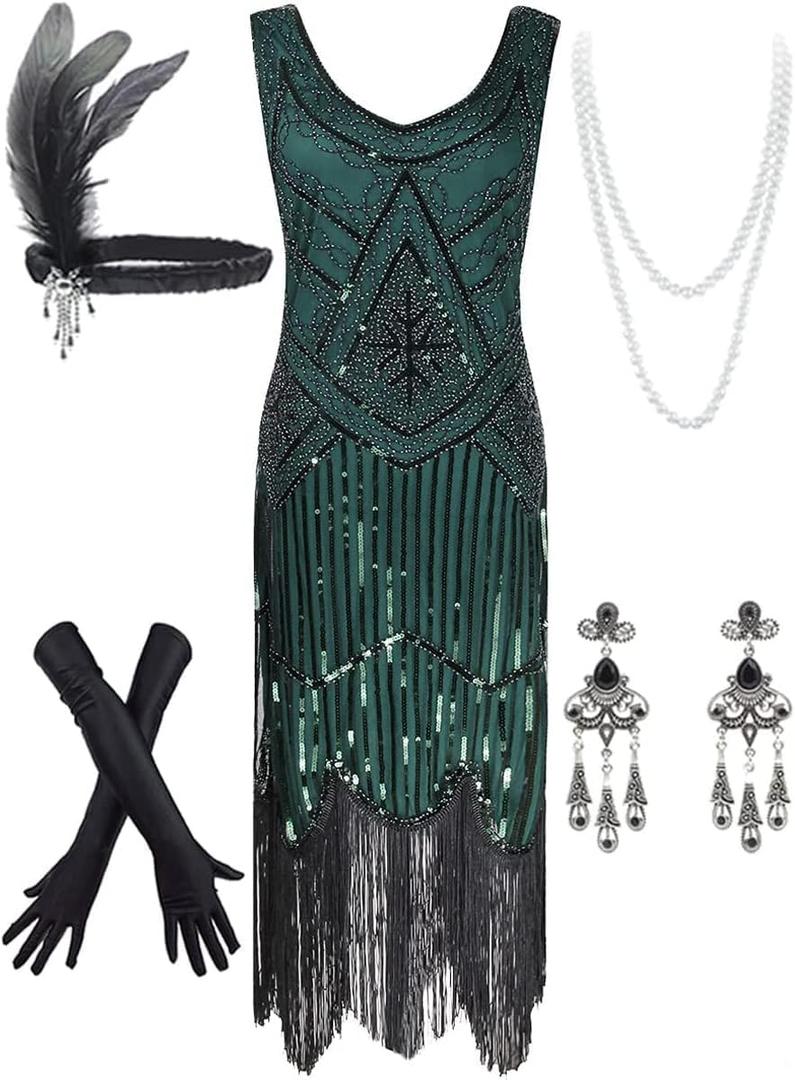 Women's Vintage 1920s Sequin Beaded Tassels Hem Flapper Dress w/Accessories Set (Green) X-Smal