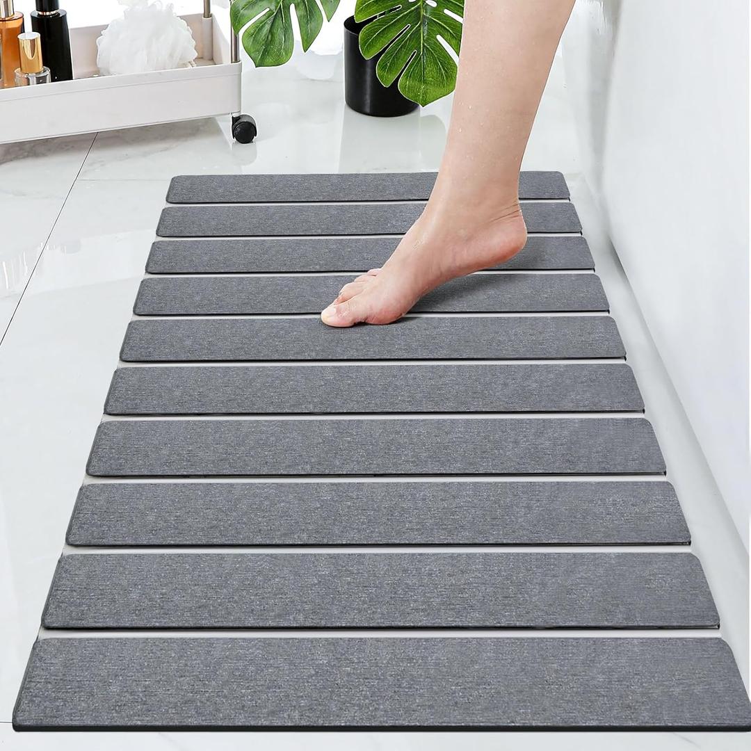 Cuckan Foldable Stone Bath Mats for Bathroom Super Absorbent Diatomaceous Earth Bath Mat Quick Dry Bath Rug Drying Mats with Non Slip Shower Rug Tub Shower Mat (Dark Gray)