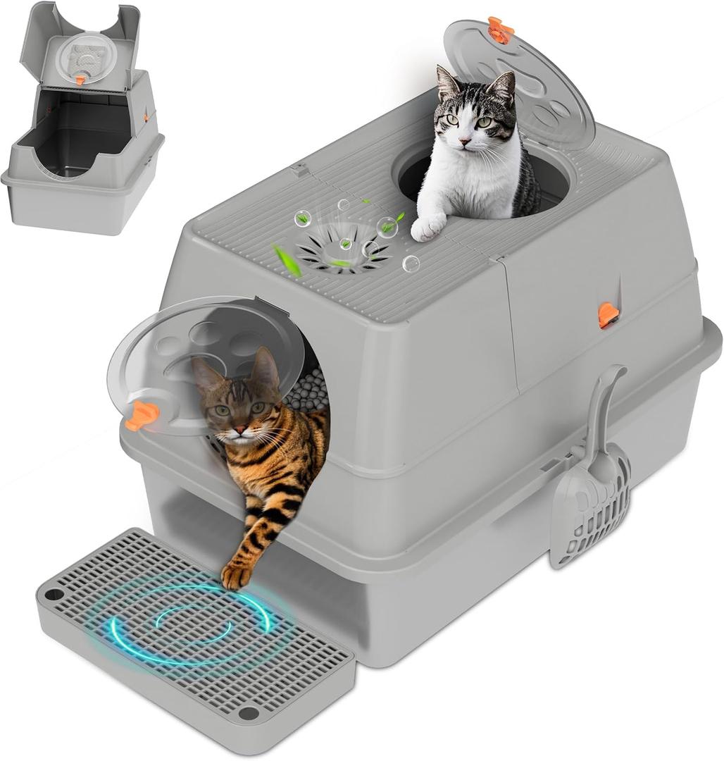 Stainless Steel Litter Box with Lid, XL Extra Large Cat Litter Box Enclosure, Front & Top Entry Covered Metal Cat Box with Steps & Scoop, Easy Cleaning