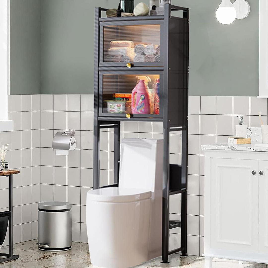 Over The Toilet Storage Cabinet, 3 Tier Over Toilet Storage Rack with Flip Door and Non-Slip Feet, Bathroom Shelf Organizer with Metal Frame, Freestanding Home Space-Saving Toilet Rack (Grey)