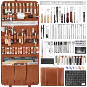 SAKERNEO Leather Working Tools kit Max Version with Custom Handbag Cutting Mats Engraving Punching Sewing Stamping Sanding Tools for Handicraft Work,Repair