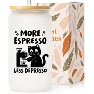 Shqiueos Funny Cat Frosted Glass Tumbler with Lid and Straw 16oz, Cute Coffee Cup for Cat Lovers, Cheer Up Gift for Friends Coworkers, Iced Coffee Glass