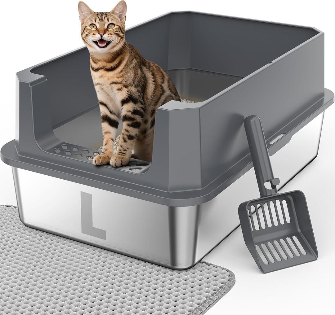 FURTIME Stainless Steel Litter Box with Lid, Large Metal Cat Litter Box for Big Cat, Large Cat Box High Sided with Non-Stick, Odor-Resistant, Anti-Urine Leakage, Easy Cleaning, Includes Scoop and Mat (Grey)