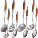 18/10 Stainless Steel Kitchen Utensils Set with Wood Handle - 15Metal Cooking Tools & Serving Utensil, 8-Pieces Cooking Spoons Set - Spatula, Ladle, Skimmer, Turner, Pasta, Solid Spoon, Slotted Spoon (Silver)