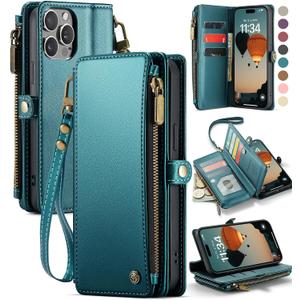 Defencase Compatible with iPhone 13 Pro Max Case Wallet with RFID Blocking Card Holder for Women Men, PU Leather Magnetic Snap Flip Zipper Strap Wallet Phone Case Fit for iPhone 13 Pro Max, Blue Green