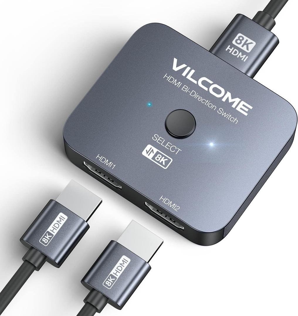 Vilcome HDMI 2.1 Switch, Ultra HD 8K HDMI Switcher Splitter 2 in 1 Out, Bi-Directional HDMI Switcher Supports 4K@120Hz, 8K@60Hz, Aluminum HDMI Switch for PS5/4, Xbox, Roku, Apple TV, Fire Stick (Grey)
