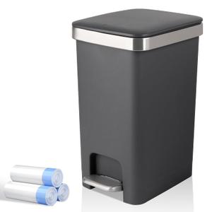 Small Bathroom Trash Can with Lid and 3 Rolls Trash Bags, Step Pedal Wastebasket Plastic Garbage Can with Pop-Up Lid 2.6 Gallon Bin for Kitchen, Bedroom, Office, Dorm, Laundry, Toilet, Rv,Dark Grey