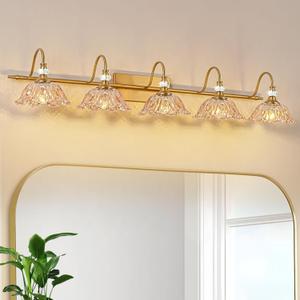 Vintage Bathroom Vanity Light, 5-Light Matte Brass Finish Vanity Light with Floral Amber Glass Shades, Retro Wall Mount Lighting for Bathroom, Living Room