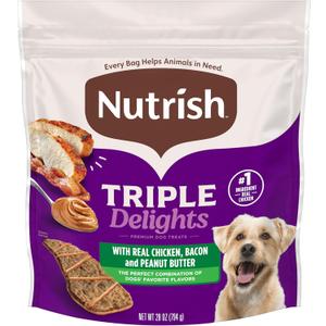 Nutrish Triple Delights Premium Dog Treats for Dogs with Real Chicken, Bacon, and Peanut Butter, 28 oz. Pouch (28 Ounce (Pack of 1)), BB Dated JUN03 2026