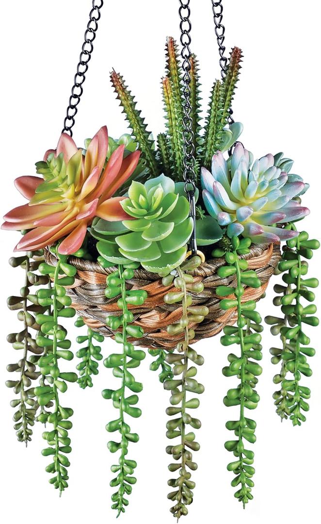 Collections Etc Hanging Colorful Faux Succulents in Rattan Basket