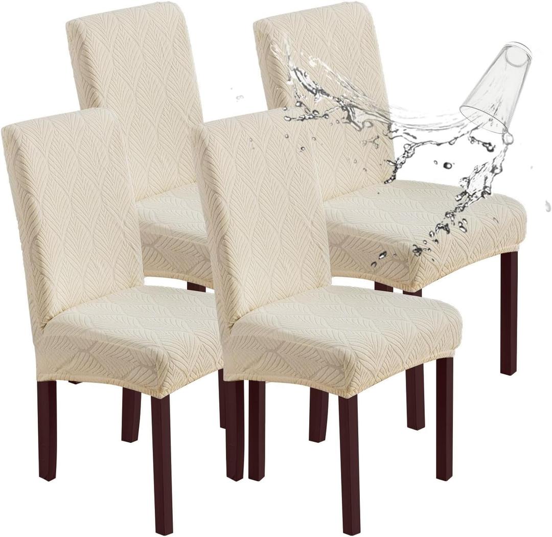 Chair Covers for Dining Chairs,100% Waterproof Dining Chair Covers Set of 4,Removable Stretch Parsons Slip,Washable Seat Protector for Kitchen Beige