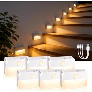 6 Pack Rechargeable Motion Sensor Stair Lights Indoor, Automatic Activated LED Night Light Wireless Battery Powered Portable Hallway Step Toilet Closet Lamp for Bedroom Kitchen