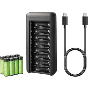 Amazon Basics Rechargeable AA Low Self Discharge NiMh Batteries with 8-Bay Battery Charger, USB-C Port, No AC Power Adapter, 8 Count, Black