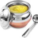 KSJONE Copper Coated Stainless Steel Ghee Pot with Spoon | Ghee Container for Kitchen | Premium Oil Container with Lid for Pooja Items, 200 ML