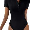 SweatyRocks Women's Short Sleeve Polo Shirt Bodysuit Ribbed Half Button Collared Leotards (Large, Black)