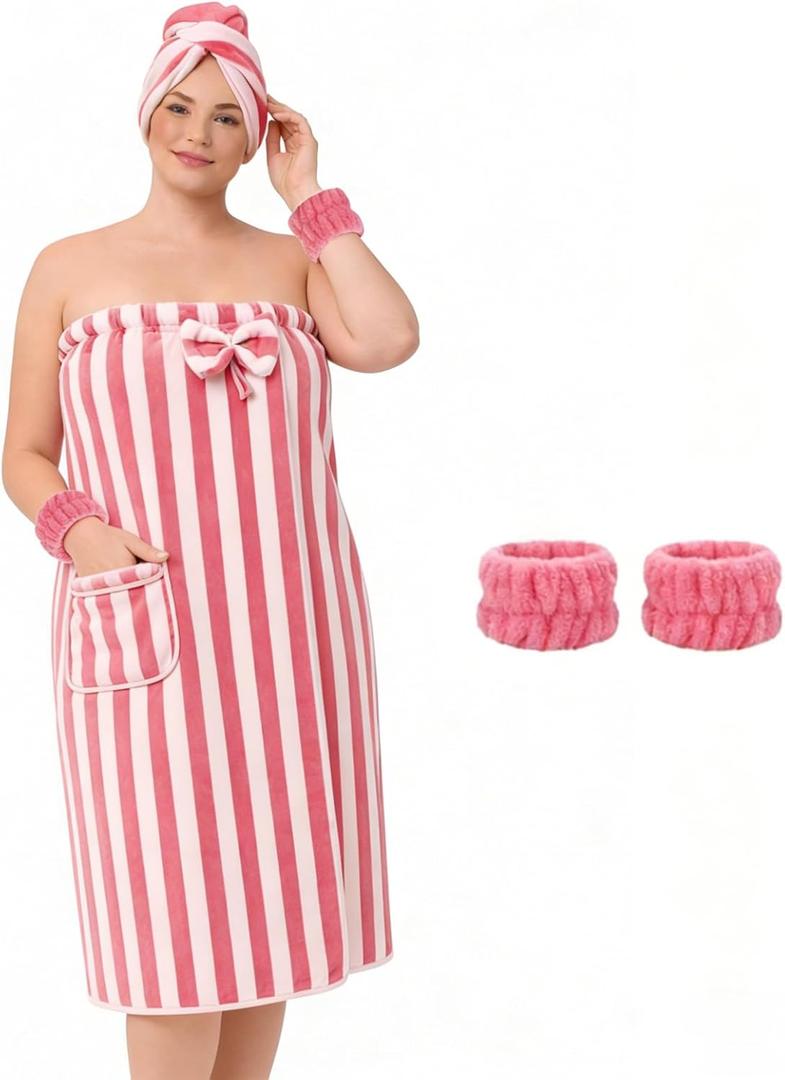 Defresit Plus Size Women's Towel Wrap (XXL-XXXXL) with Hair Towel Wristbands Lightweight Shower Wrap Spa Bathrobe Body Wrap Adjustable Quick-Dry Comfortable Bath Towel Set Machine Washable Coral Pink