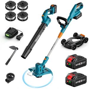 SEESII Electric String Trimmer and Leaf Blower Combo Kit, 3 in 1 Cordless Weed Wacker Grass Eater with 1.3"/2.1" Height, Battery 12" Lawn Mower & Rotary Handheld Blower with 5-Speed for Yard Lawn (Blue)