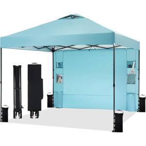 10'x10' Pop Up Canopy Tent with 1 Sidewall and 6 Pockets, One Push Setup, Instant Shade Tent with Vented Roof for Beach Patio Outdoor, Case, 8 Stakes, 4 Ropes, 4 Sandbags (Cyan, 10x10)