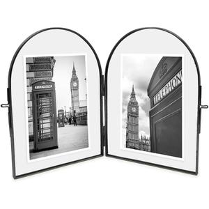 Isaac Jacobs 5x7 Vintage Style, Double-Sided Arched Brass & Glass Metal Floating Picture Frame with Locket Closure (Vertical), Made for Tabletop Display (5x7 Vertical, Black)