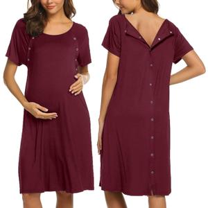 Ekouaer Womens Nursing/Delivery/Labor/Hospital Nightdress Short Sleeve Maternity Nightgown with Button S-XXL (Dark Red)