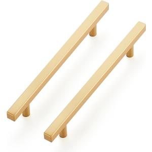 Ravinte 5 Pack Brass 6-1/4 Inch Hole Center Champagne Gold Handles Square Cabinet Hardware Stainless Steel Pulls for Kitchen Cupboard Drawers 8-3/4 Inch Overall Length