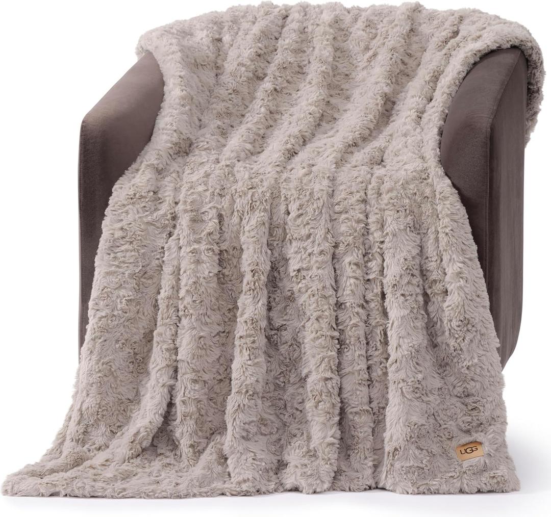 UGG Adalee Faux Fur Throw Blanket, Luxury Cozy Fluffy Blanket for Living Room or Bedroom, Decorative Double-Sided Fuzzy Throw, Machine Washable Spring Decor, 50-inch x 70-inch, Oyster Brown