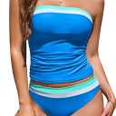 Jolefille Women Two Piece Bandeau Swimsuit - Bathing Suit Tummy Control Color Block Bikini Set Coverage Strapless Top Tankini (Small, Blue)