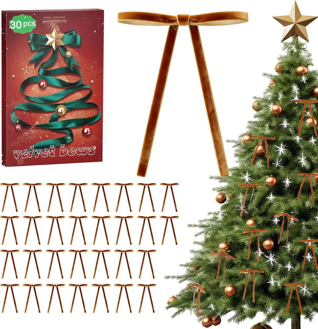Camel Velvet Bows for Christmas Tree - 30Pcs Vintage Ribbon Bows for Tree Decorations, 3/8" Small Bows for Garland, Wreath, Fireplace, Door, Gift Wrapping, Holiday Decor (5 x 7 Inch)