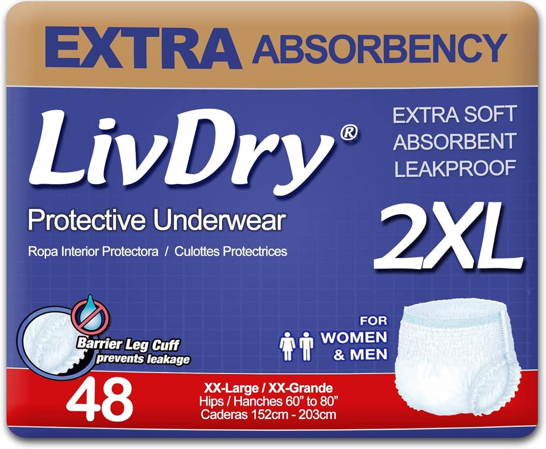 LivDry Adult XXL Incontinence Underwear, Extra Comfort Absorbency, Leak Protection, XX-Large, 48-Pack
