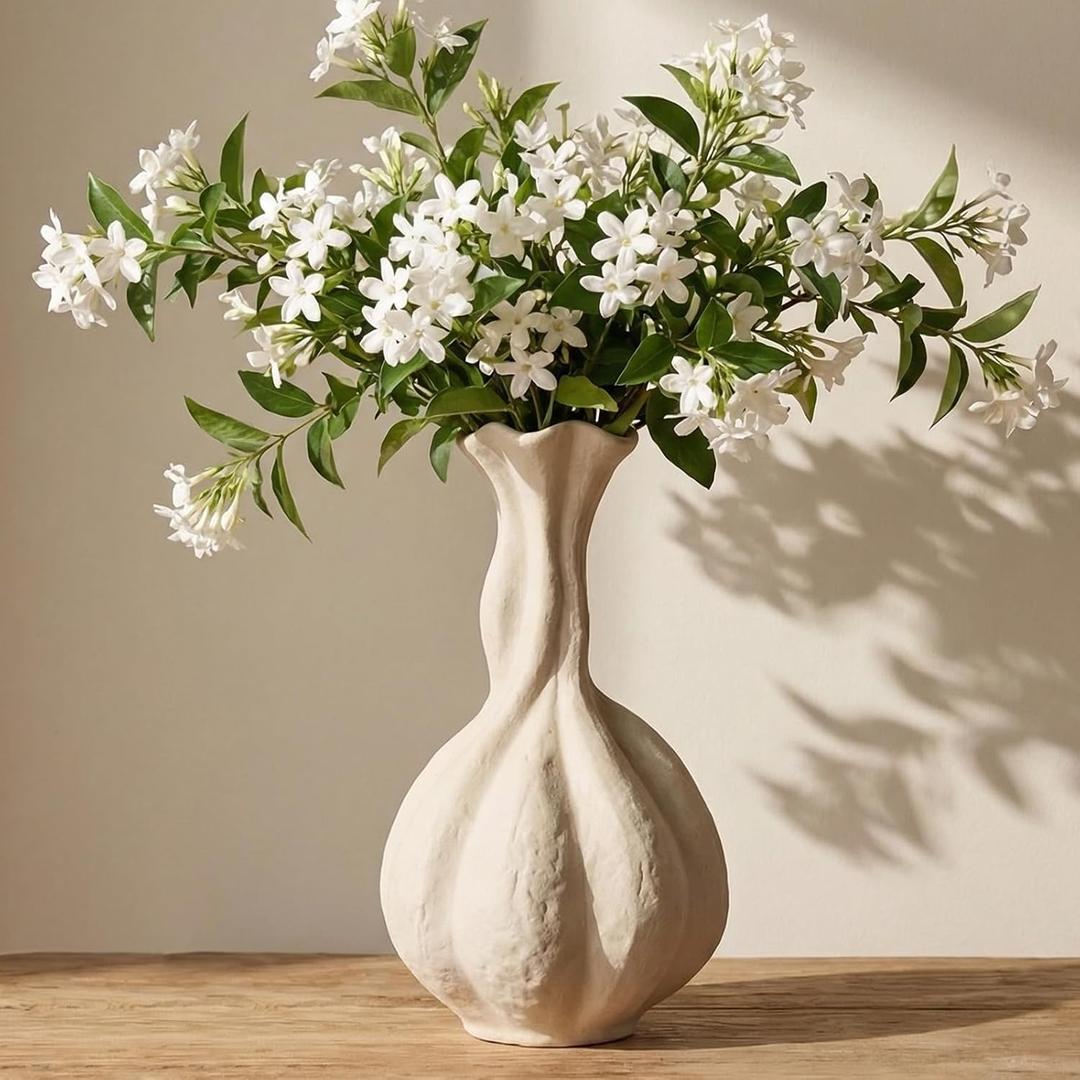DOWAN Ceramic Flower Vase, 10" Decorative Pampas Vase for Home Decor, Modern Farmhouse Pottery Vase for Living Room Table Kitchen Bedroom Coffee Desk Entryway Mantel Book Shelf, Soft White