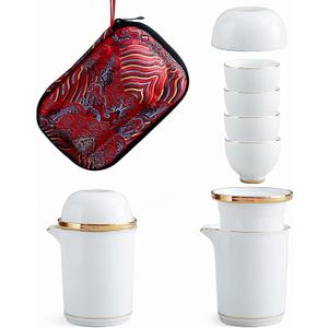 Portable Ceramic Tea Cup Set: Porcelain Teapot Set with Tea Strainer - Lids and 4 Teacups - 1 Shockproof Storage Case - Suitable for Outdoor Travel - Picnic - Office Work - Home - White