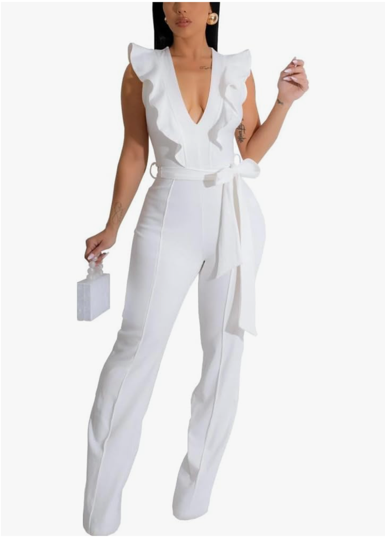 HBQ Womens Casual One Piece Jumpsuits V-Neck Sleeveless Ruffle Elegant Romper Wide Leg Pant Sexy Party Clubwear Overalls