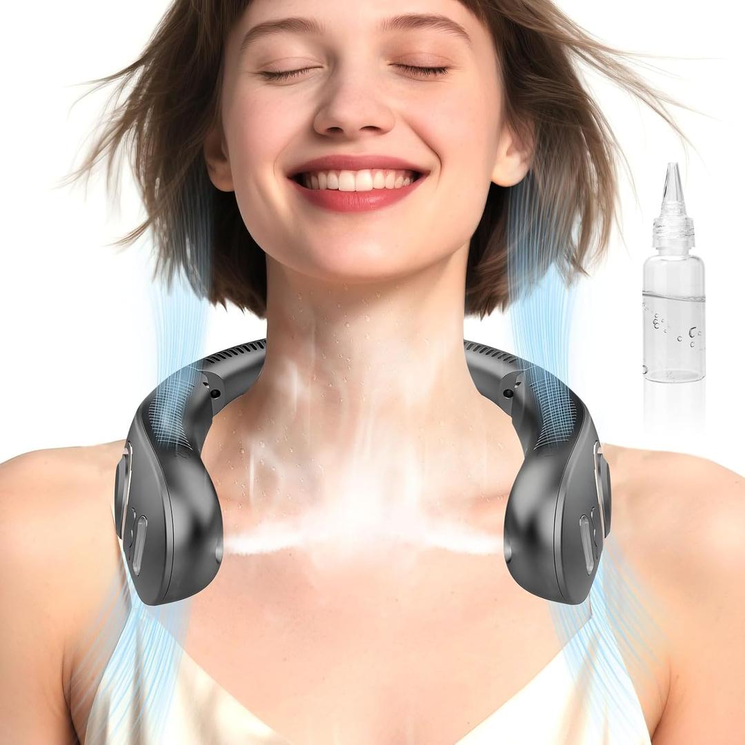Misting Neck Fan,4000mAh Neck Fan with Water Mist Spray,Breeze Wear Misting Fans for Your Neck Around,Wireless Small Noiseless Headphone Chargeable Personal Fan for Travel Camping Outdoor (Dark Black)