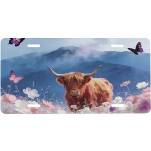 Highland Cow Pastel Flower Meadow Butterflies Mountain Front License Plate Aluminum Decorative License Plates Novelty Vanity Tag Cover 6"X12" Car Decor Accessory with 4 Holes for Men Women (Purple)