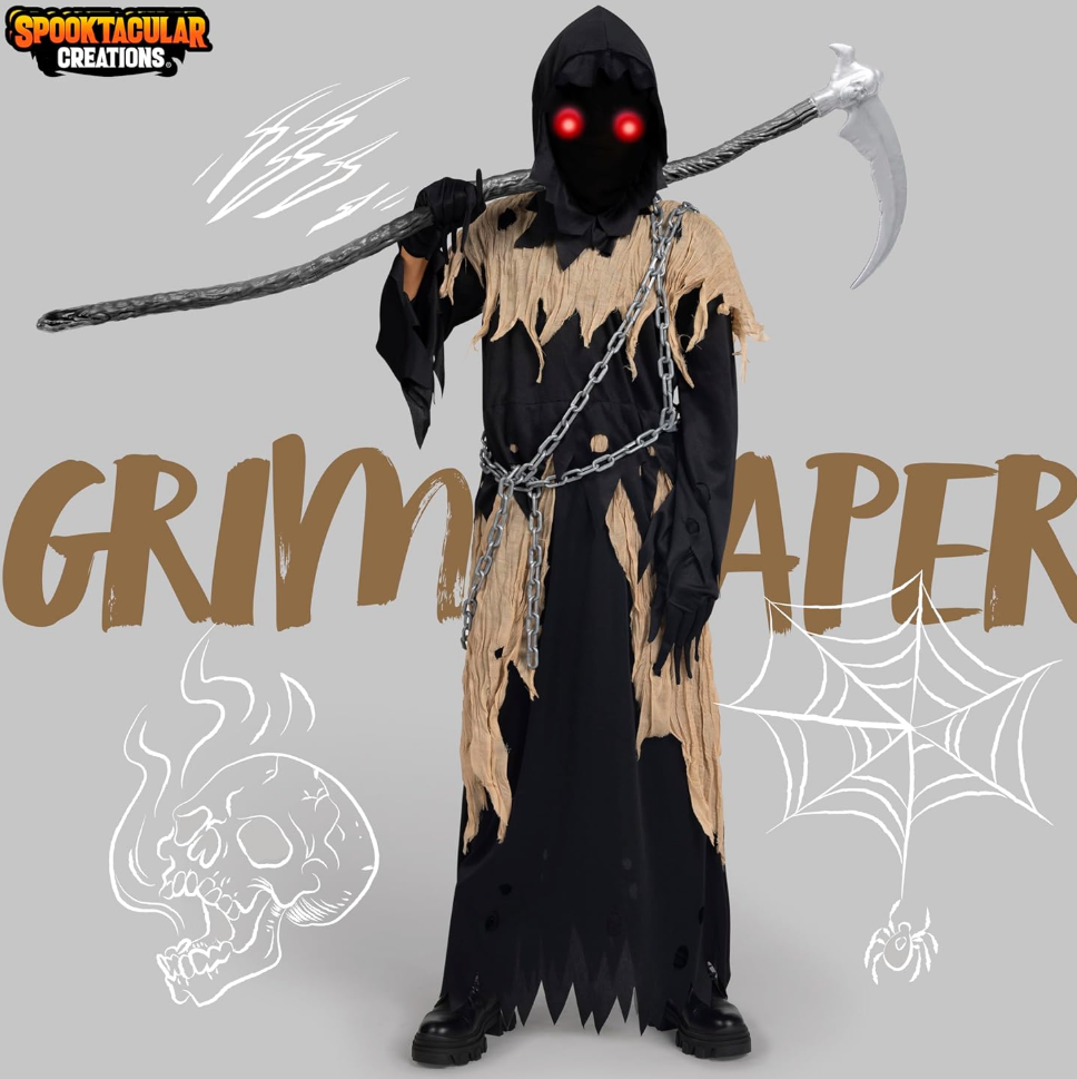 Spooktacular Creations Glowing Eyes Kids Grim Reaper Costume, Halloween Costume for Boys, Grim Reaper Outfit (Medium(8-10 yrs)