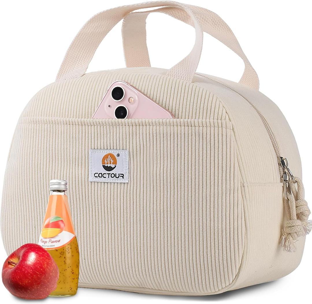 CaCTOUR Lunch Bag Lunch Box for Women Girls Teens, Cute Lunch Box Cooler Bag, Portable Small Reusable Corduroy Insulated Lunch Box for Work/Travel/Picnic/School (Beige)