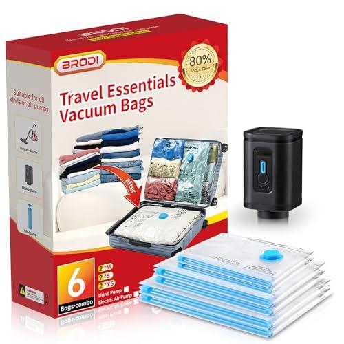 BRODI 6 Combo Pack Travel Vacuum Bags with Pump - Space Saver & Travel Essentials, Clothing & Luggage Vacuum Seal Bags