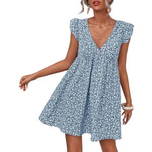 Women Boho Floral Summer Dresses Casual Backless V Neck Mini Dress Ruffle Beach Sundress (Medium, Blue)