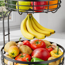 Fruit Basket for Kitchen Counter - 2-Tier Large Capacity Fruit Bowl with Detachable Banana Hanger, Rust-Proof Metal Fruit Holder for Vegetables, Bread, Toiletry,10" D x 10" W x 14" H, Black