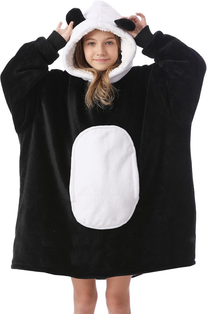 Kipswiza Panda Blanket Hoodie for Kids 6-13 Birthday Gifts, Soft Cozy Sherpa Oversized Wearable Blankets Big Hooded Sweatshirt with Ears & Pockets for Girls Boys (Black & White)
