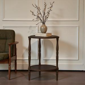 Accent Wood End Table, 2-Tier Round Bedside Table, Natural Side Table Nightstand for Family, Bedroom, Living Room, Handcrafted Finish, Walnut, 16.5 inch