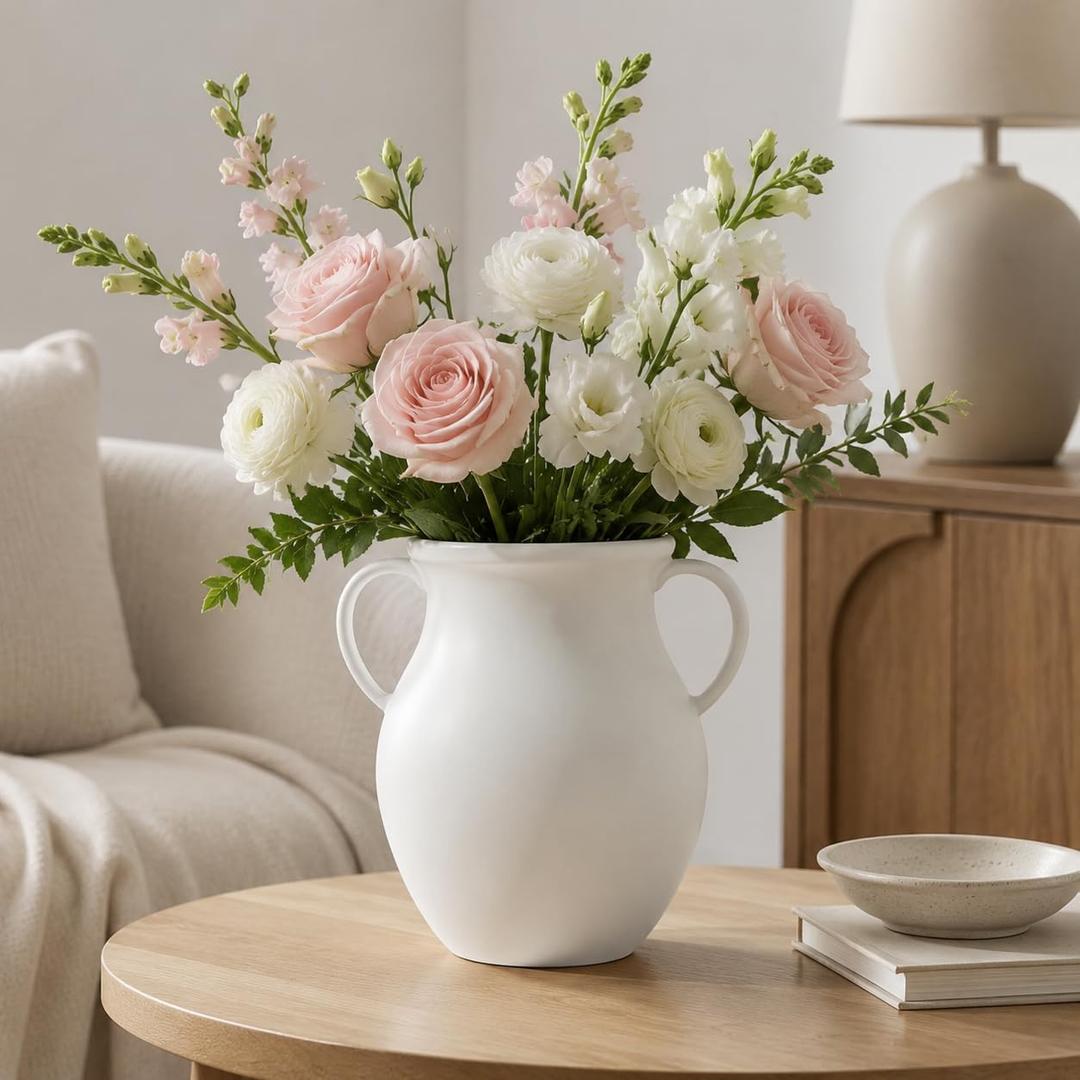 Nordic Minimalist 10 Inch Tall White Ceramic Vase, Modern Flower Vase for Dried Pampas Grass and Fresh Bouquets, Elegant Tabletop Centerpiece for Living Room, Shelf, or Entryway Decor