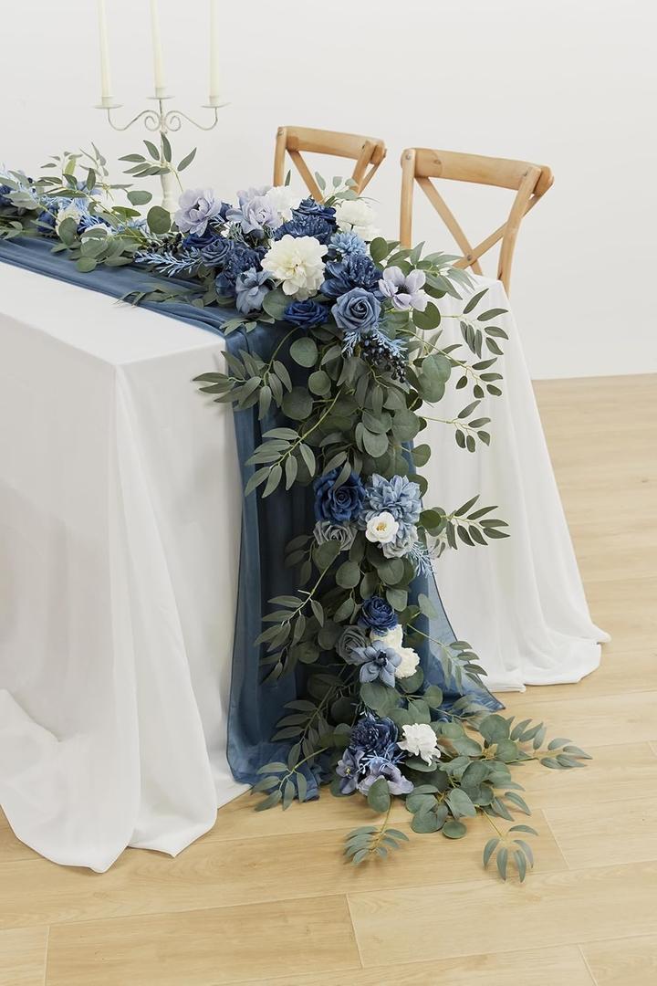 MISSPIN 9FT Eucalyptus and Willow Leaf Garland,Artificial Flowers Fake Flower Peony Rose Vine Greenery Decorative Wall Hanging Plant for Wedding Arch Door Arrangement Party Decor (Dusty Blue & Navy)