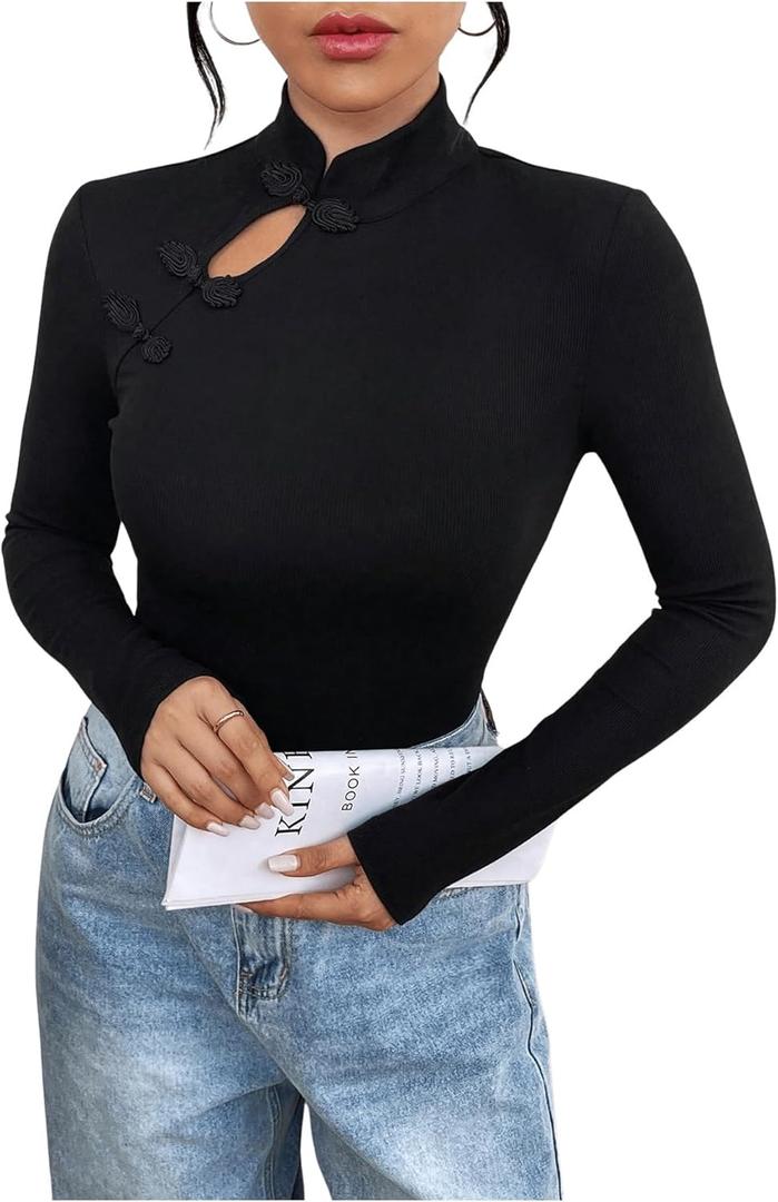SweatyRocks Women's Long Sleeve Knit Ribbed Cheongsam Button up Mock Neck Tops (Black, XS)