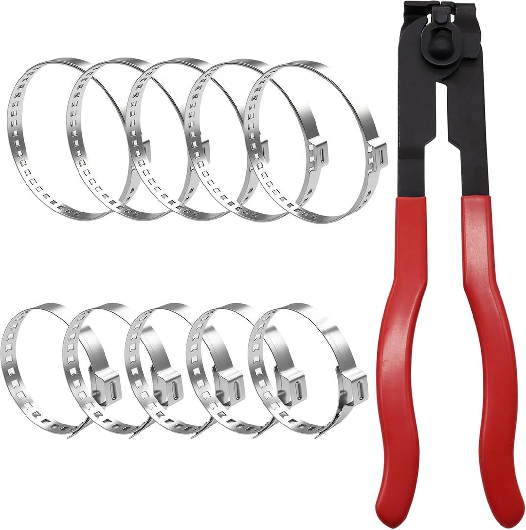 CV Boot Clamp Plier with 10PCS 304 Stainless Steel Crimp Bands, 5PCS Small and 5PCS Large Universal Adjustable Drive Shaft Drive Shaft Joint Boot Crimp Clamps for Most Cars