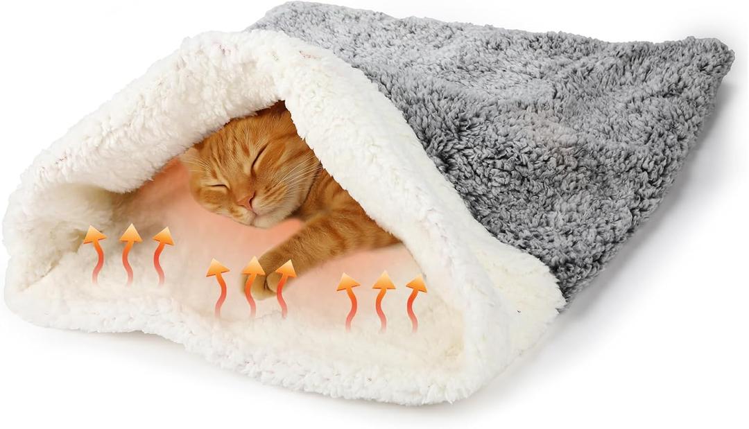 Clysee Self Heating Cat Sleeping Bag Indoor Self Warming Cat Bed Cave Heated Pad Cozy Soft Winter Washable Wrap Pet Snuggle Sack Pouch for Puppy Dog Kitten, 24 x 21 Inch(Rustic,Gray)