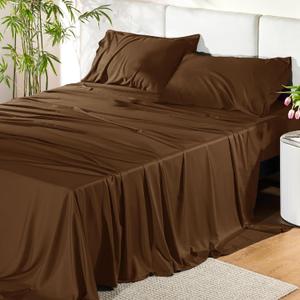 Bedsure Queen Sheet Set, Rayon Derived from Bamboo, Cooling Sheets, Breathable & Soft, Deep Pocket Up to 16 Inches, Hotel Luxury Silky Bedding for Hot Sleepers, Brown