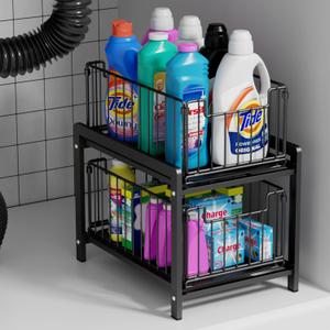 2 Tier Sliding Basket Drawer Organizer, Lxmons Pull Out Under Sink Cabinets Organizers, Metal Home Shelf for Bathroom or Kitchen, Sliding Countertop or Pantry Storage Shelf, Large Black 2 Tier Sliding Basket Drawer Organizer, Lxmons Pull Out Under Sink Cabinets Organizers, Metal Home Shelf for Bathroom or Kitchen, Sliding Countertop or Pantry Storage Shelf, Large Black
