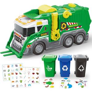 2pcs Garbage Truck Toys for Kids 3 4 5 6 7 8 Years Old Boys Toy Trucks Set with Sound and Light,Toddlers Birthday Gifts for Boys & Girls Learning Toys,Includes 3 Trash Bins